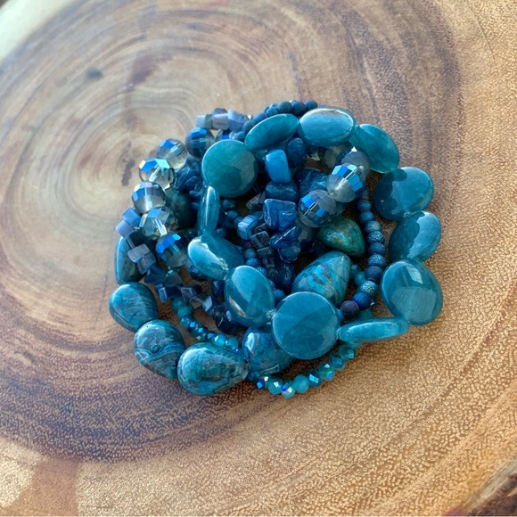 Natural Blue Gray Apatite, Jasper & Moonstone Gemstone Mix Bead Bracelet Stack - Picture 13 of 13